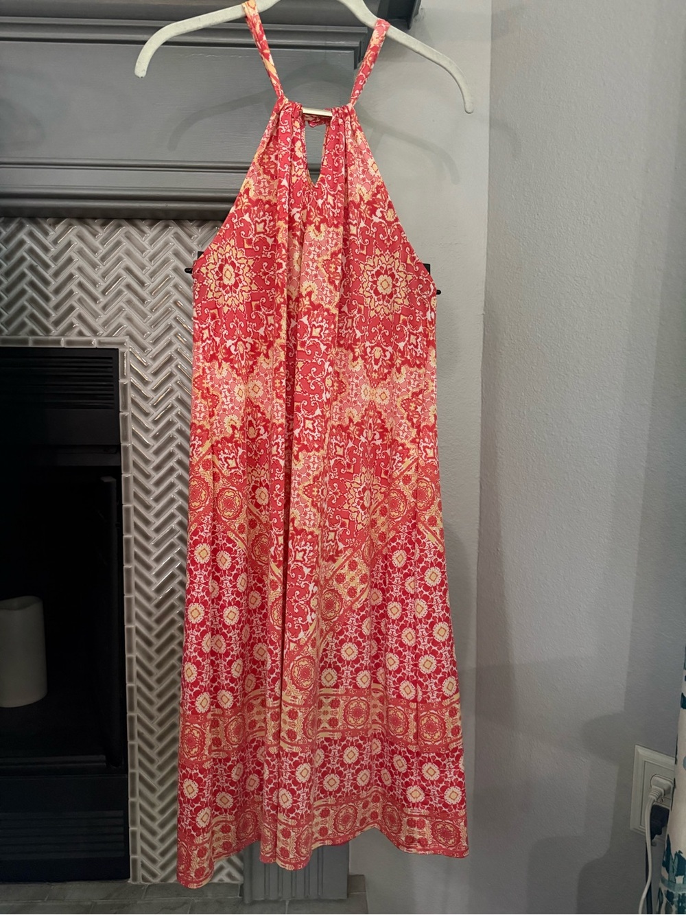 Haani Orange and Yellow Halter Midi Dress with Floral Medallion Print
